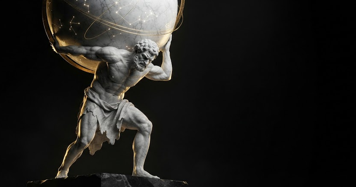 A colossal marble titan bearing a great sphere on his shoulders, straining under its weight in gold light against black