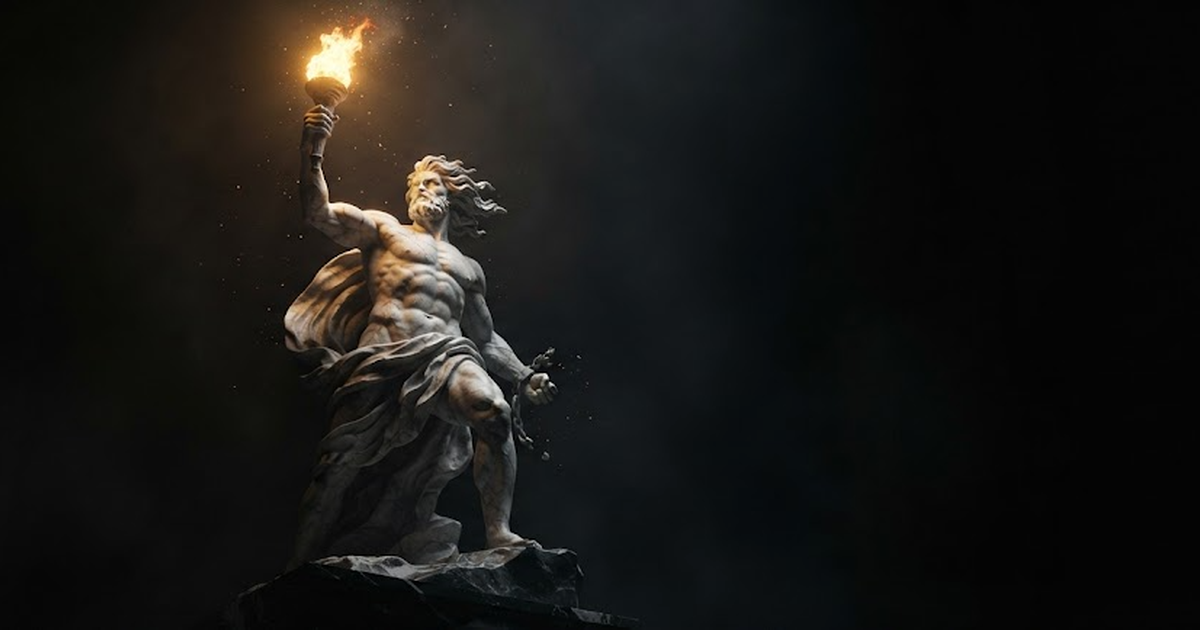 A colossal marble figure holding a flaming torch that pierces surrounding darkness with gold light