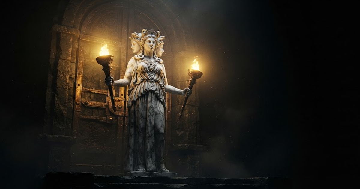 A colossal marble figure holding twin torches standing sentinel at a great gate in gold-edged darkness
