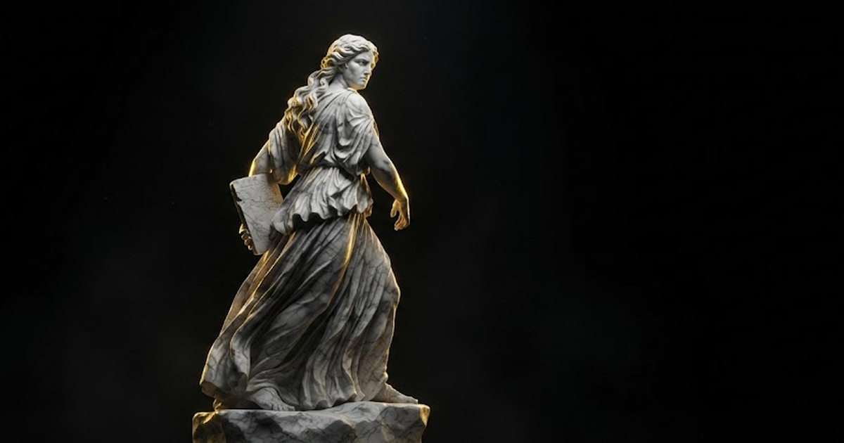 A colossal marble statue of Mnemosyne gazing back over her shoulder, gold light on marble against black