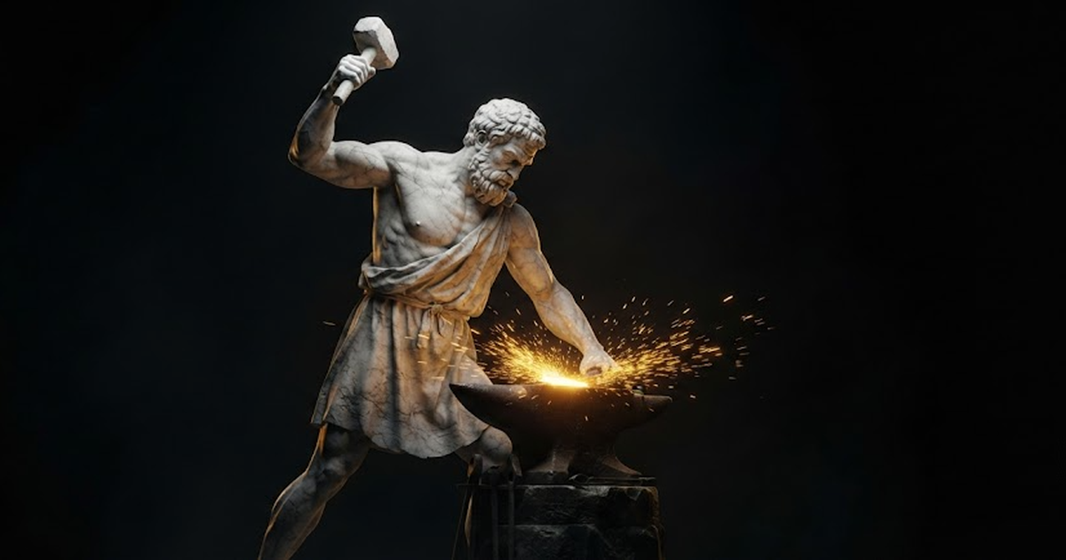 A colossal marble statue of Hephaestus at a forge, gold sparks and light against a black void