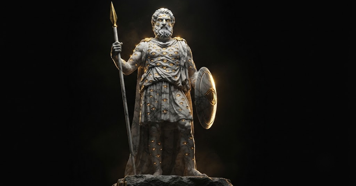 A colossal marble statue of the many-eyed giant Argus keeping watch, gold light on marble against black
