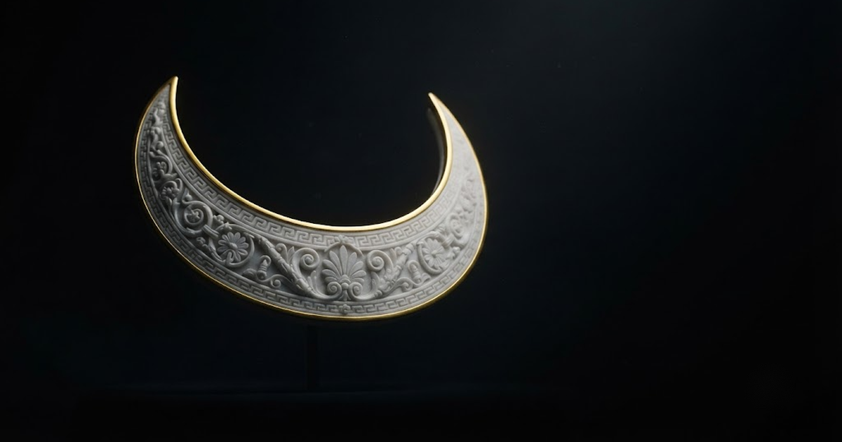 Classical marble scene, Selene, gold rim light on void black