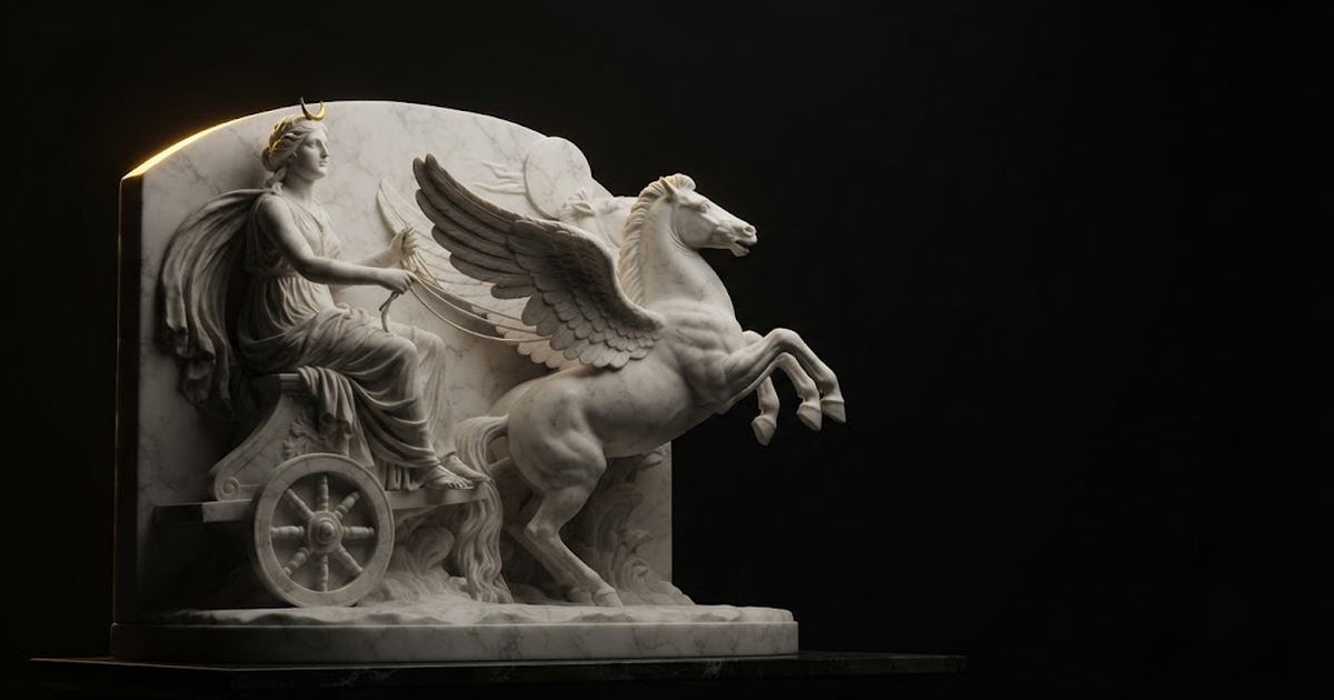 Classical marble scene, Selene, gold rim light on void black