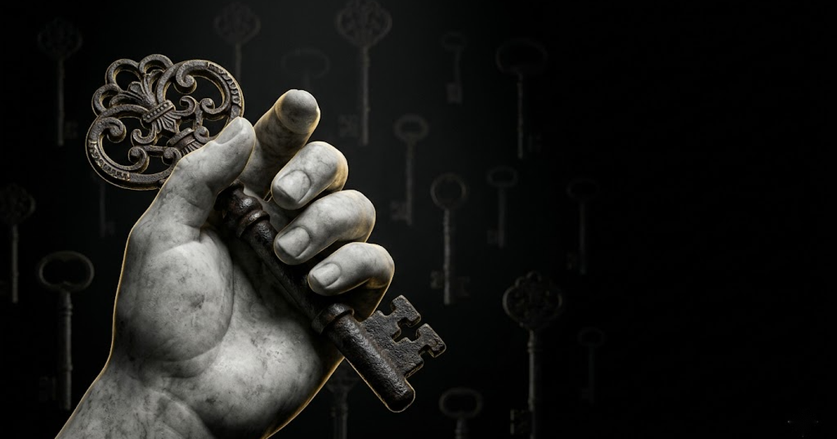 A marble hand grips a single ornate key while faint duplicate keys fade into darkness, symbolising forgotten and over-copied machine credentials.