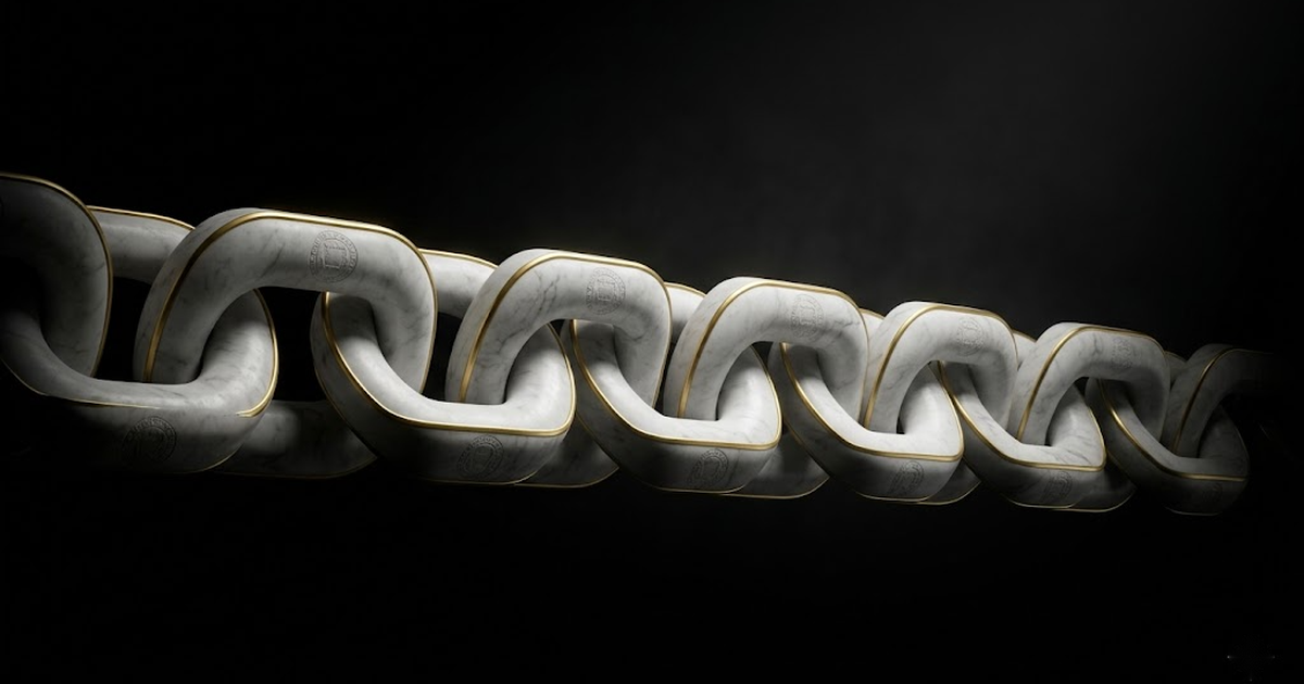 A marble chain of interlocking sealed links receding into darkness, representing a hash-chained, append-only, signed audit record.