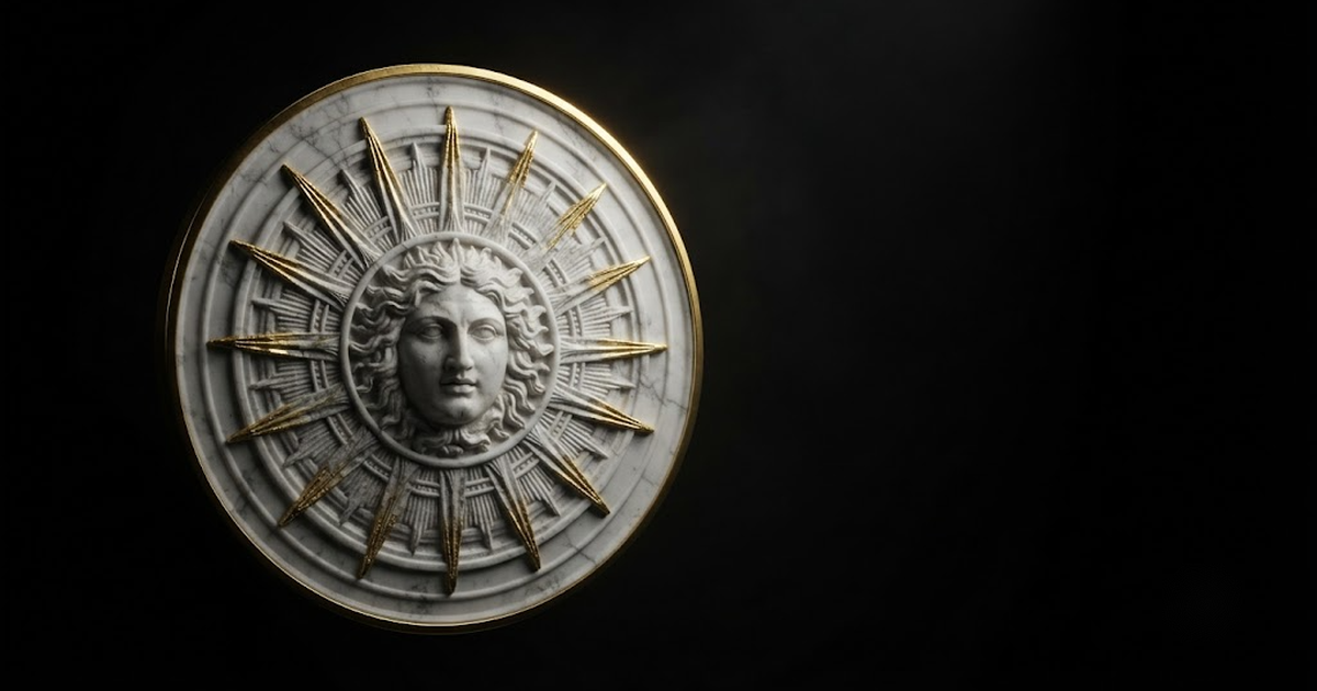 Classical marble scene, Helios, gold rim light on void black