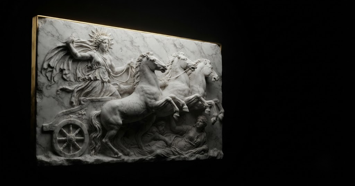 Classical marble scene, Helios, gold rim light on void black