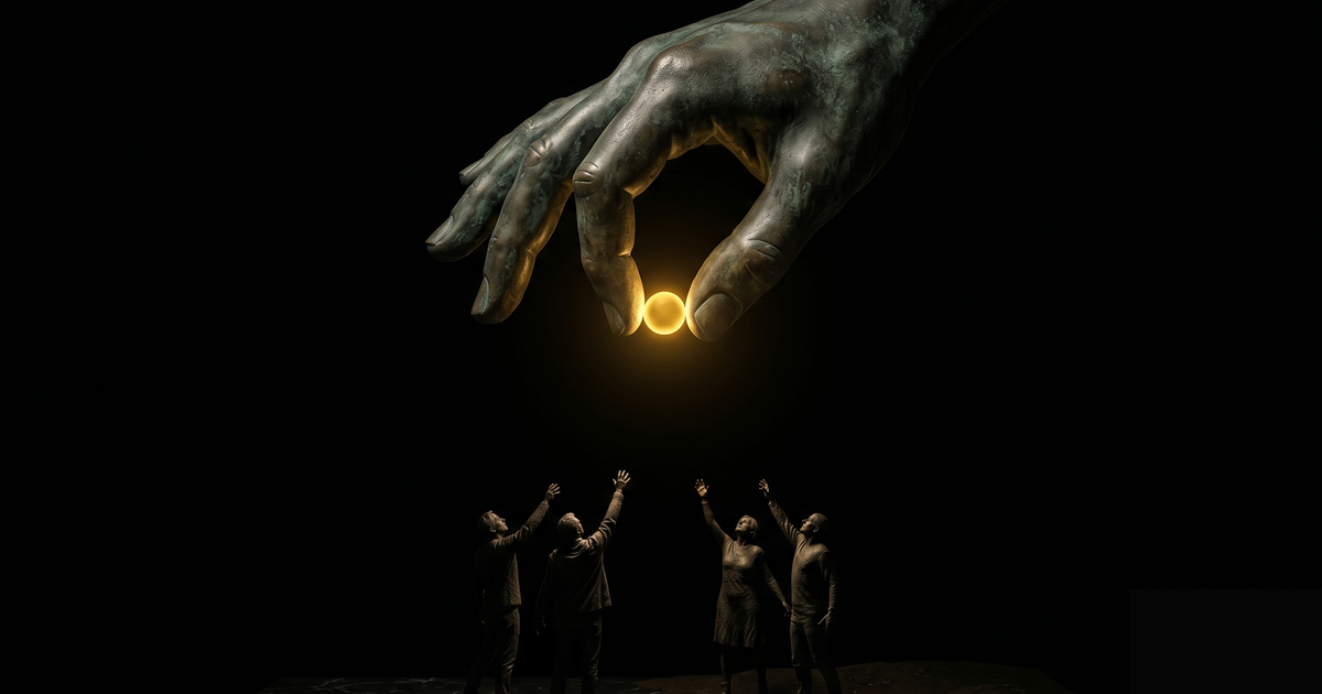 A god's hand holds the only light high above mortals who reach for what they cannot touch