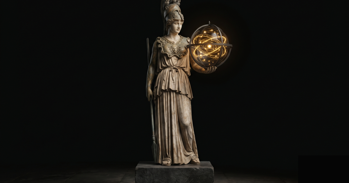 Athena beside a constellation of gold minds held within one sovereign vessel