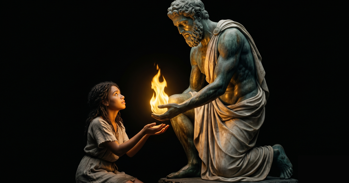 Prometheus hands a gold flame down into a mortal's cupped hands, the light now theirs to keep