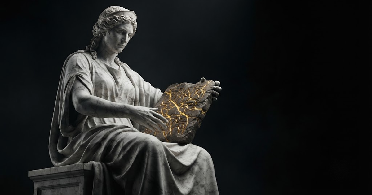 A colossal marble titan holding a vast stone ledger tablet whose carved lines glow with thin gold light in a dark void