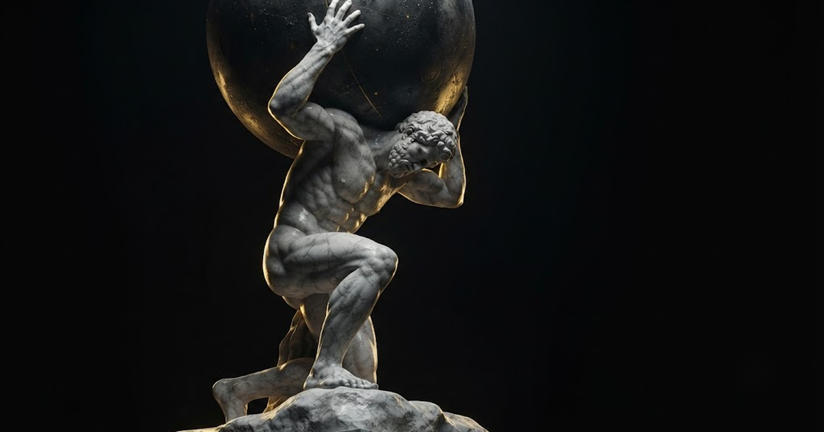 A colossal marble titan straining to lift a giant boulder overhead with gold light breaking across his shoulders in darkness