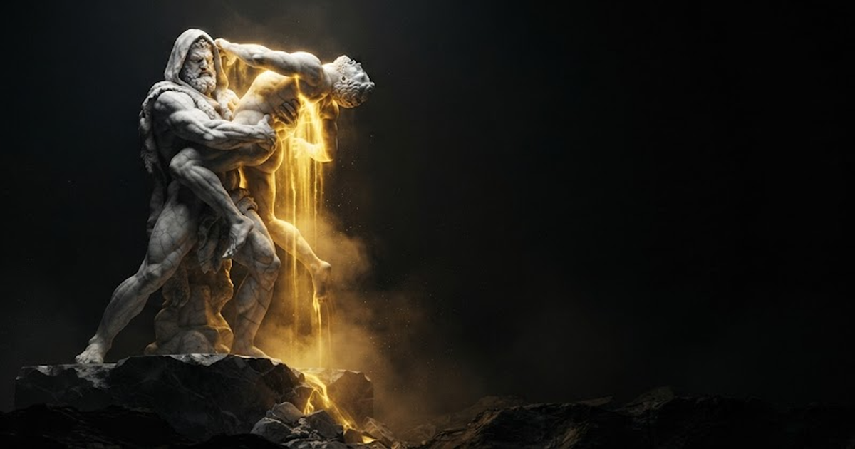 A colossal marble hero mid-lift raising a giant off the ground while gold light drains downward away from the lifted figure
