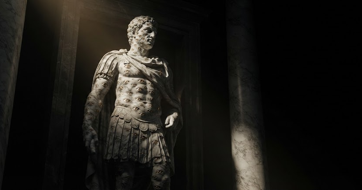 A colossal marble sentinel with many watchful eyes standing guard over a dark threshold lit only by narrow gold light