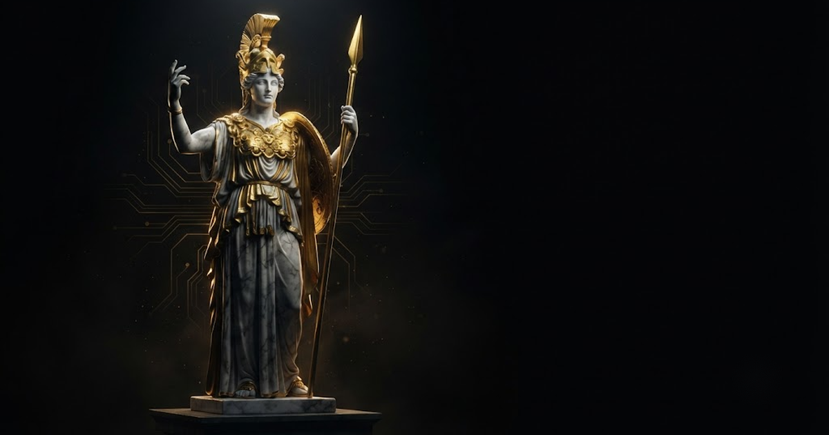 Athena, evoking the sovereign operating-system layer coordinating fifty specialist brains under governance