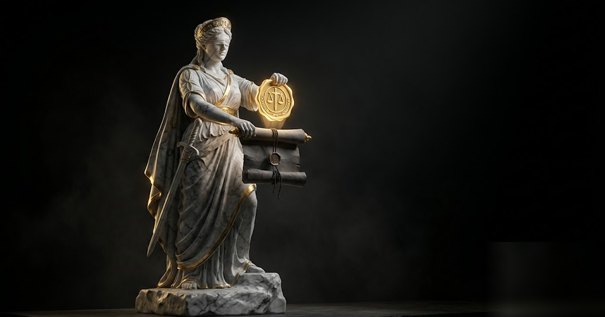 Cinematic Greek pantheon scene, Themis the goddess of law in black marble and satin gold, holding a glowing golden seal of confidence over a sealed scroll, void-black background, dramatic chiaroscuro,