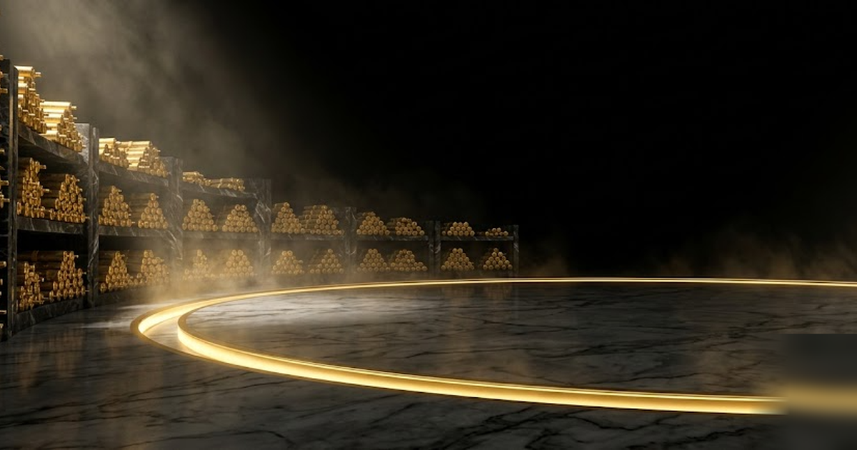 A black-marble chamber of sealed golden scrolls stretching into shadow, an unbroken ring of luminous gold around the floor, void-black void beyond, cinematic, no text, no UI, frameless, no watermark