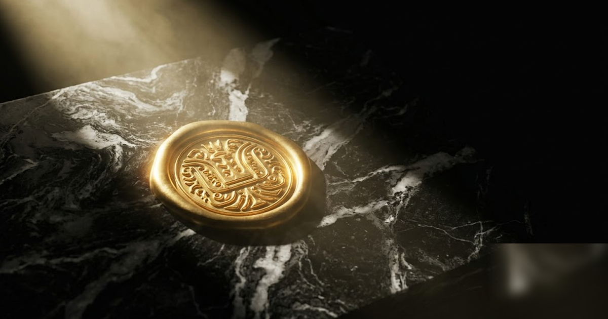 A single golden seal pressed into black marble, glowing faintly in pure void, one dramatic shaft of light, satin-gold and void-black palette, cinematic and severe, no text, no people, frameless, no wa
