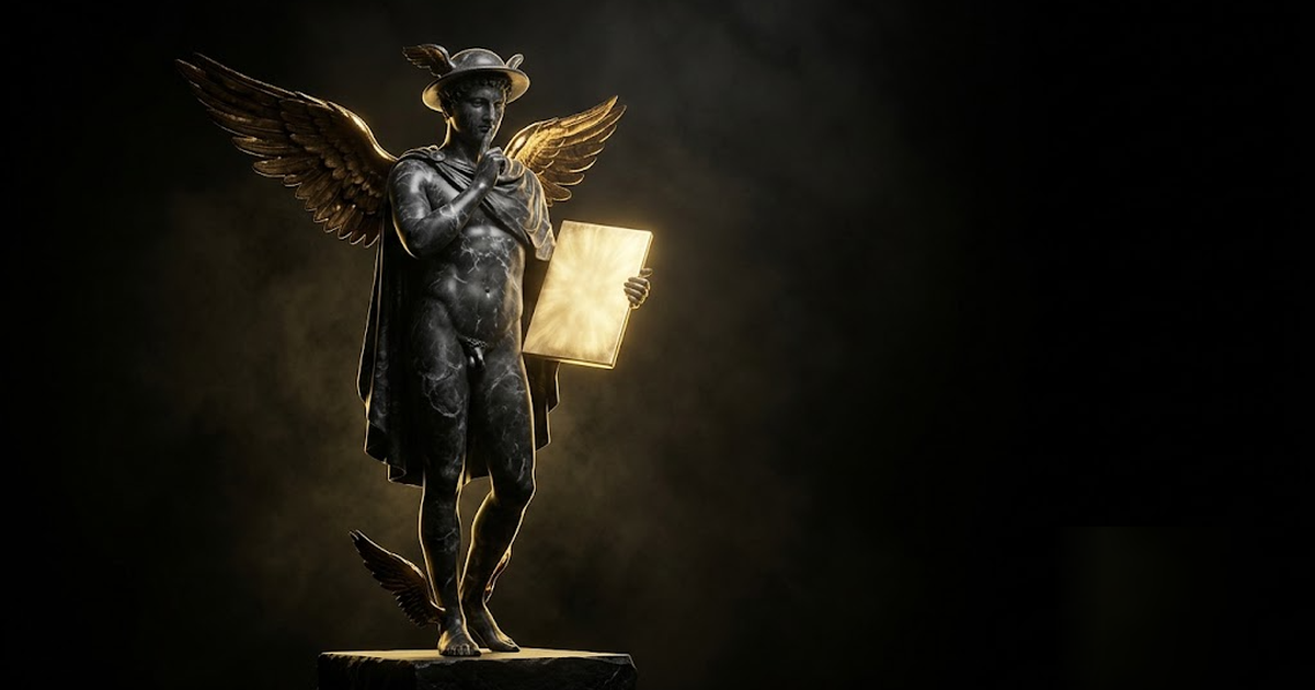 Hermes the messenger in black marble with gold wings, a finger to his lips in a gesture of silence, guarding a luminous golden tablet, void-black surround, cinematic, no text, no UI, no charts, framel
