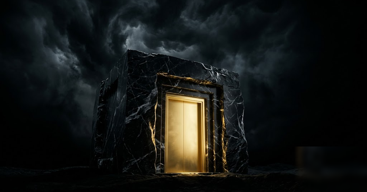 A black-marble strongroom of legal records, its golden-edged door seamless and sealed, glowing from within, stormy void above, satin-gold and void-black, cinematic and dignified, no text, no people, f