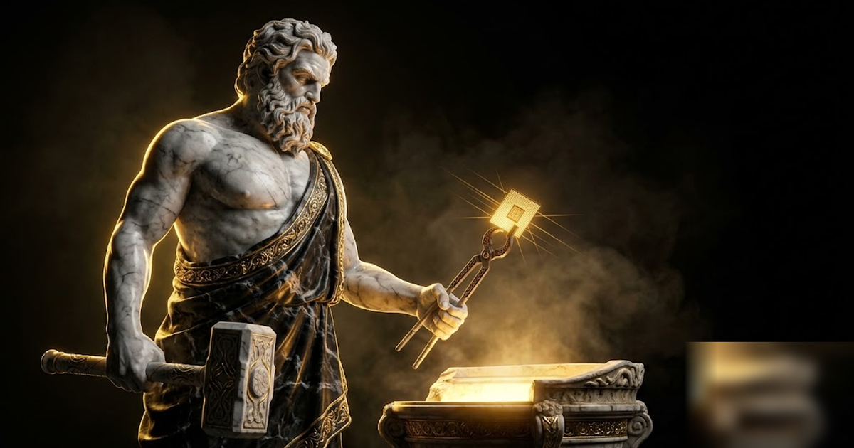 Cinematic Greek pantheon scene, Hephaestus the smith-god of black marble and satin gold at a celestial forge, a glowing golden silicon wafer held in his tongs, void-black background, dramatic chiarosc