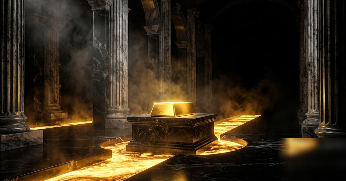 A black marble foundry interior with rivers of molten gold flowing between classical columns, a single luminous golden ingot at the centre, void-black shadows, cinematic, no text, no UI, frameless, no