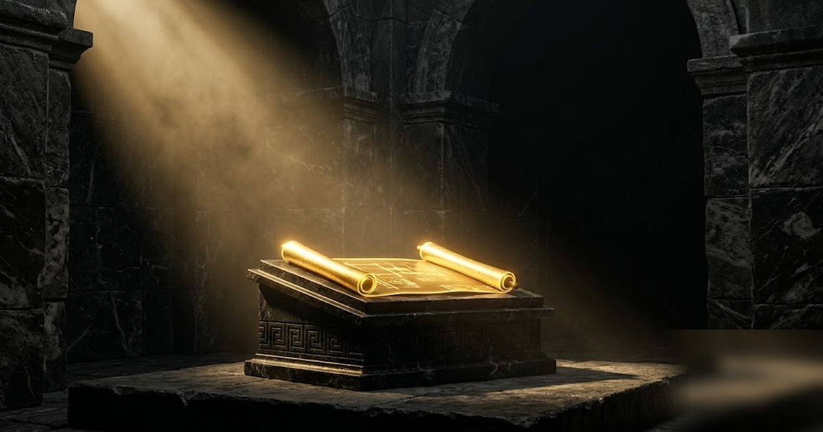 A sealed Greek black-marble strongroom holding a single glowing golden blueprint scroll on a plinth, shafts of light, satin-gold and void-black palette, cinematic and reverent, no text, no charts, fra