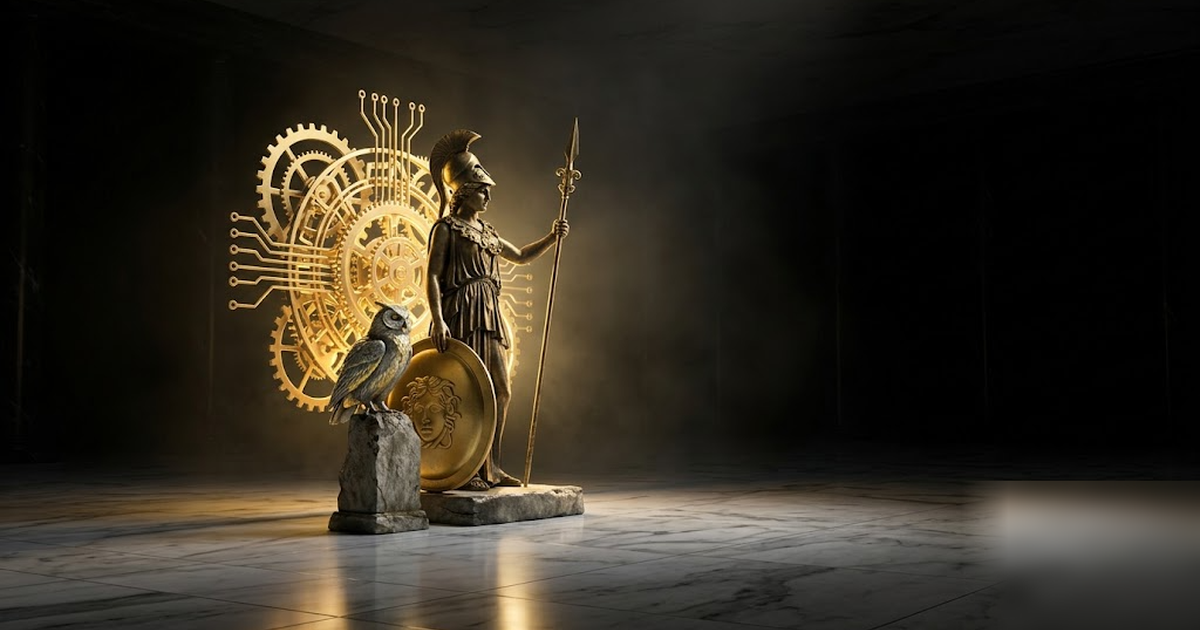 Athena guarding a luminous golden lattice of interlocking gears and circuits, owl at her side, black marble hall fading to dark, cinematic single light source, no text, no people in offices, frameless