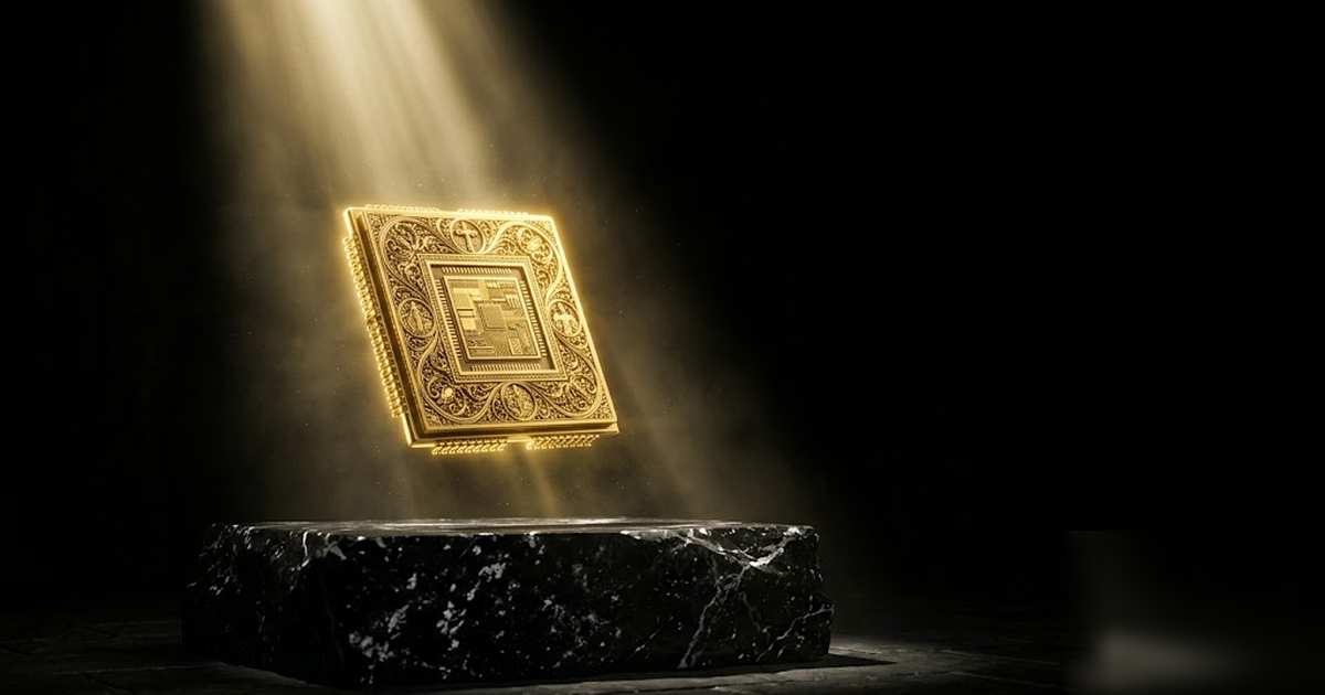 A precise golden wafer or microchip rendered as a sacred relic floating above a black marble altar, gold filigree detail, pure black void, dramatic beam of light, cinematic, no text, no UI, no charts,
