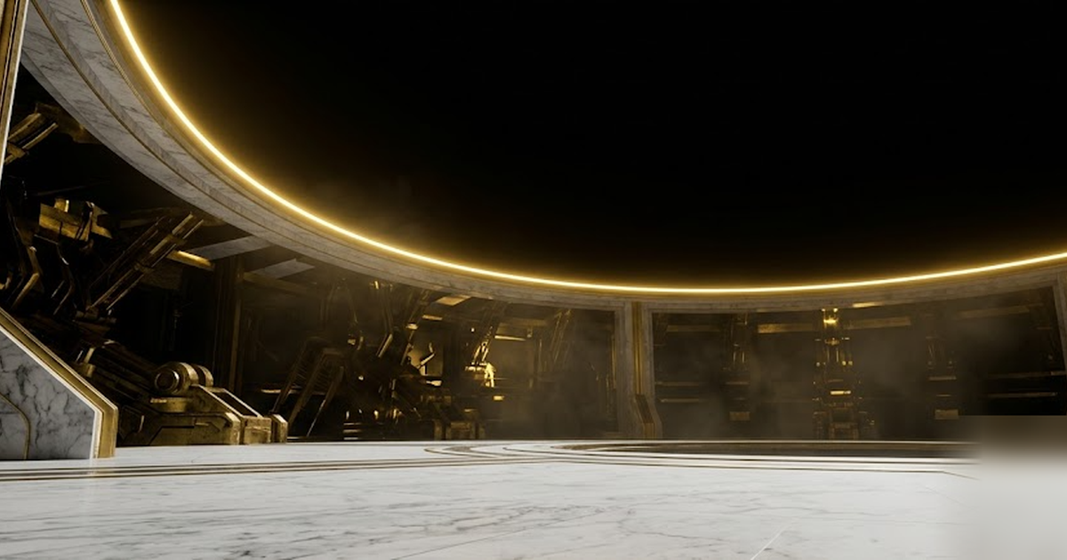 A vast black marble assembly hall with golden machinery dissolving into shadow, a single unbroken ring of golden light marking the perimeter, void-black sky, cinematic, satin-gold and void-black, no t