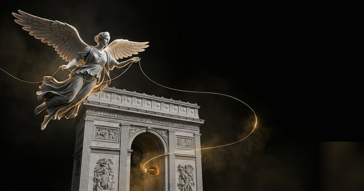 Cinematic Greek pantheon scene, the goddess Iris carrying a golden thread of communication across a void-black sky, satin-gold light, the thread sealed inside a marble arch, frameless, no text, no peo