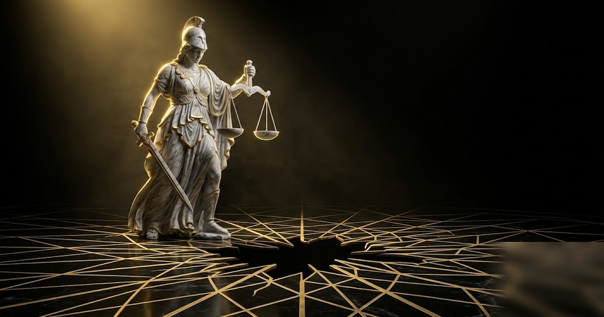 Nemesis the goddess of retribution standing over a black marble web of golden connection lines, hunting an anomaly, void-black background, satin-gold accents, cinematic chiaroscuro, frameless, no text
