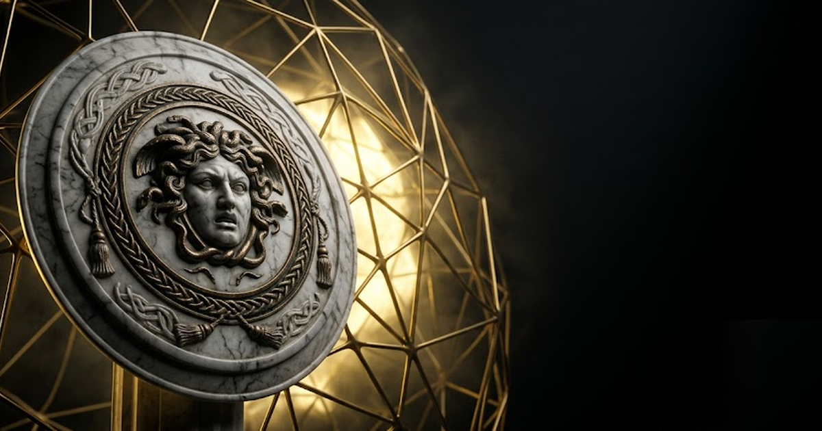 Aegis the shield of Athena raised over a black-and-gold network lattice, golden light contained behind it, void-black background, cinematic, frameless, no text, no people, no UI, no charts, no waterma