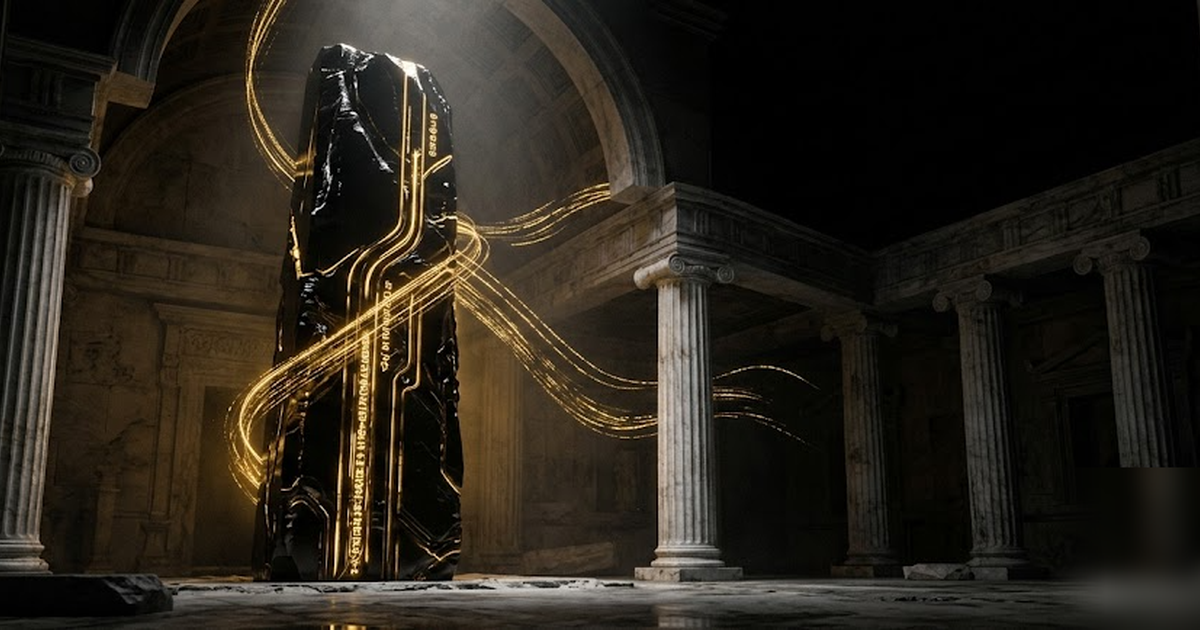 An obsidian telecom monolith inside a sealed Greek temple, rivers of golden metadata flowing only within the walls, void-black and satin-gold, cinematic, frameless, no text, no people, no UI, no water