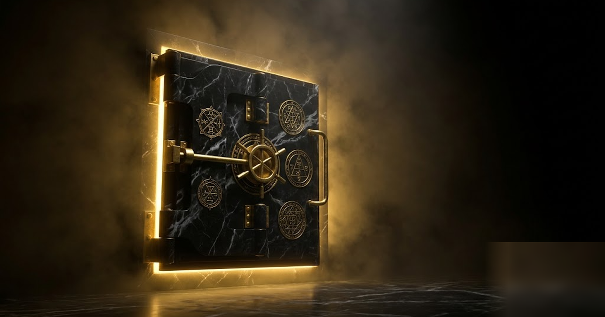 A black marble vault holding glowing golden call records, the door shut and inscribed with secrecy seals, void-black background, satin-gold light, cinematic and frameless, no text, no people, no UI, n