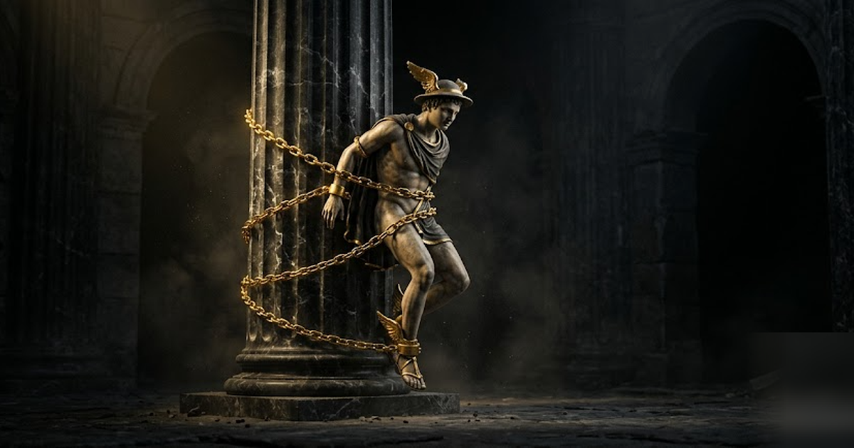 Hermes as messenger of the gods bound by a golden chain to a black marble pillar, the message never leaving the temple, void-black and satin-gold palette, cinematic, frameless, no text, no people in o