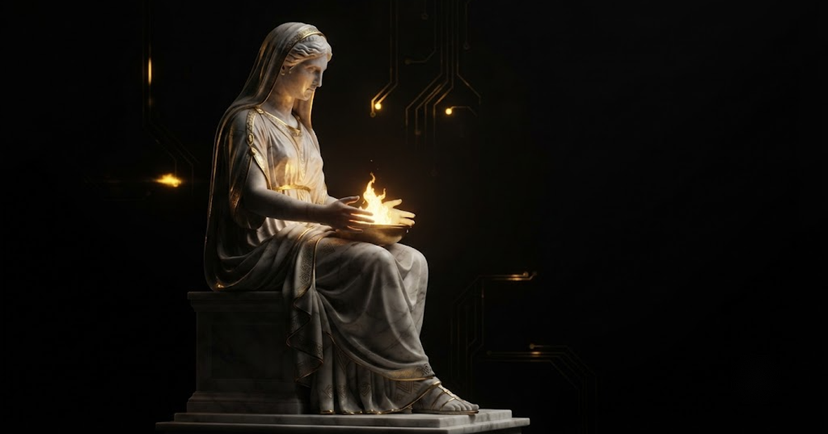 Hestia, evoking intelligence and data kept inside government walls on the state's own hearth
