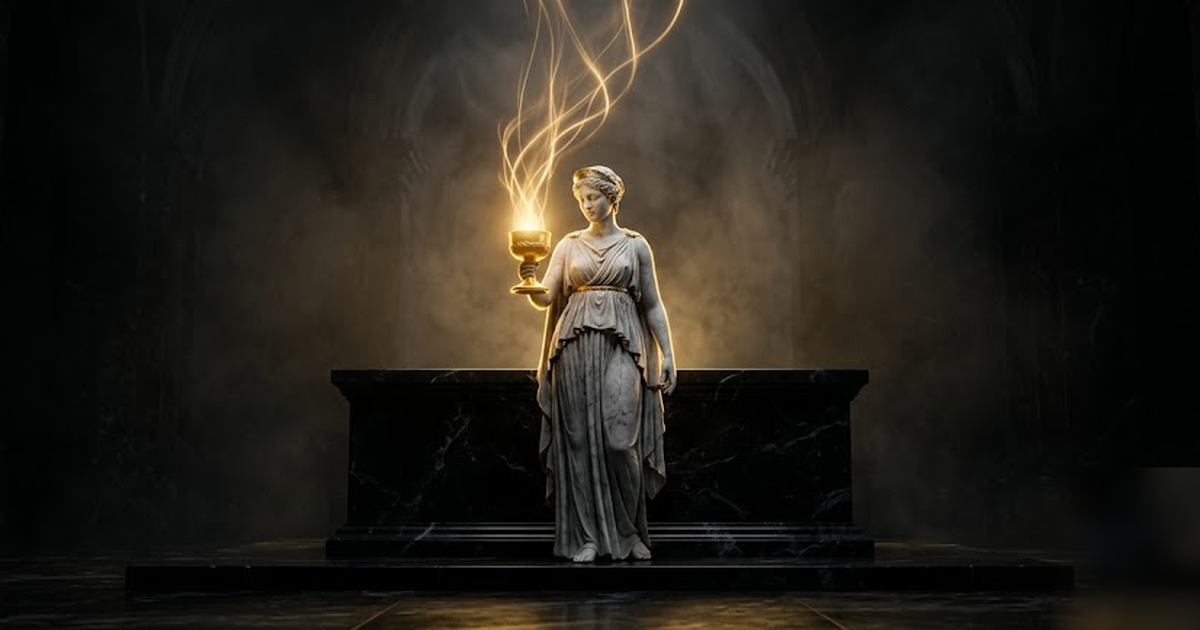 Cinematic wide shot of Panacea, Greek goddess of healing, holding a glowing golden chalice over an altar of void-black marble, threads of warm gold light rising like restored vitality, no text, no peo