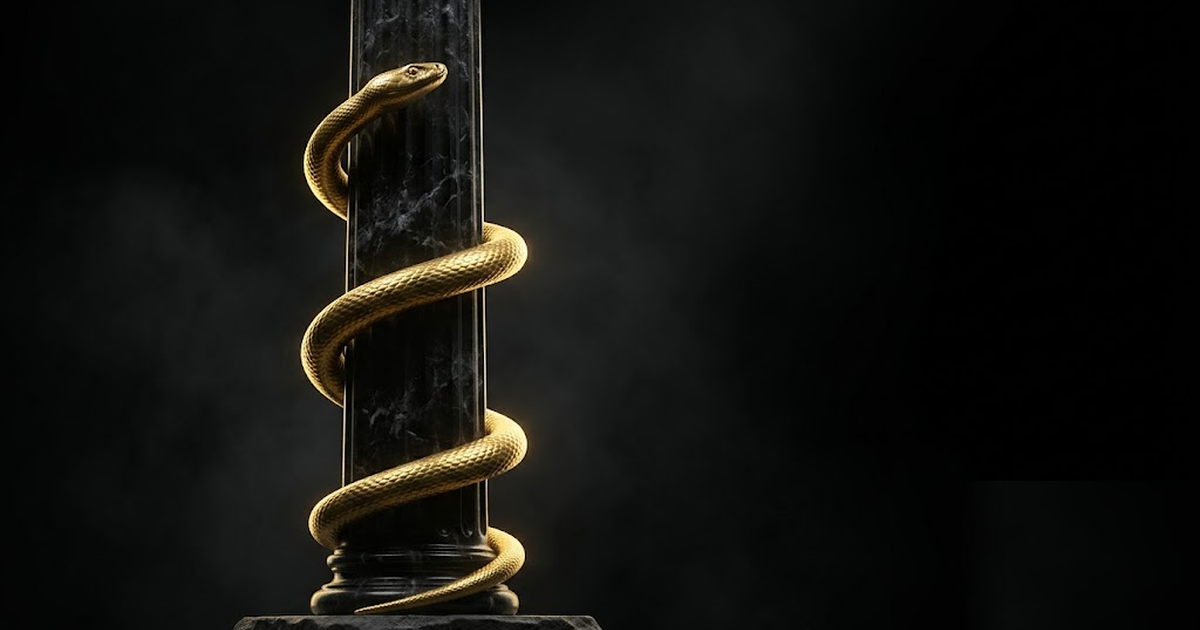 A great rod of Asclepius rendered in satin gold entwined around a column of black marble, a single serpent of gold catching the light, dramatic chiaroscuro, void-black background, no text, no charts, 