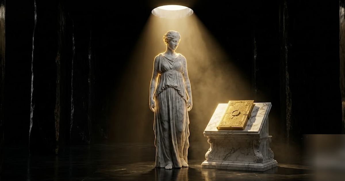 Panacea standing within an obsidian temple of healing, a sealed golden tablet of records resting on a marble plinth under a shaft of light, sovereign and serene, no people in offices, no UI, frameless