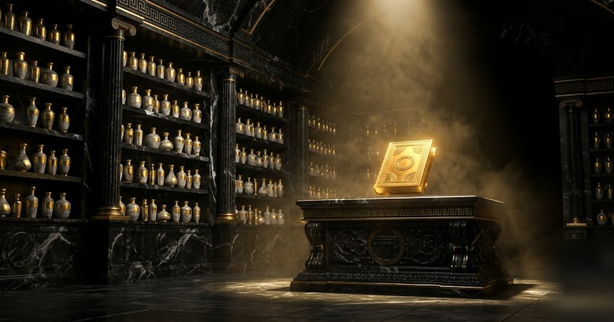 A black marble apothecary vault lined with gold-stoppered vessels, a single golden ledger glowing on a central altar, cinematic Greek pantheon style, no text, no people, no watermark