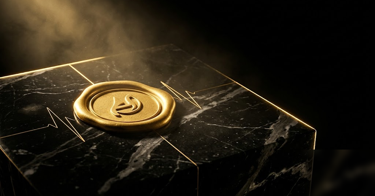Close cinematic study of a golden seal of confidentiality pressed into black marble, fine gold filaments radiating outward like a heartbeat, void-black background, satin-gold accents, no text, no UI, 