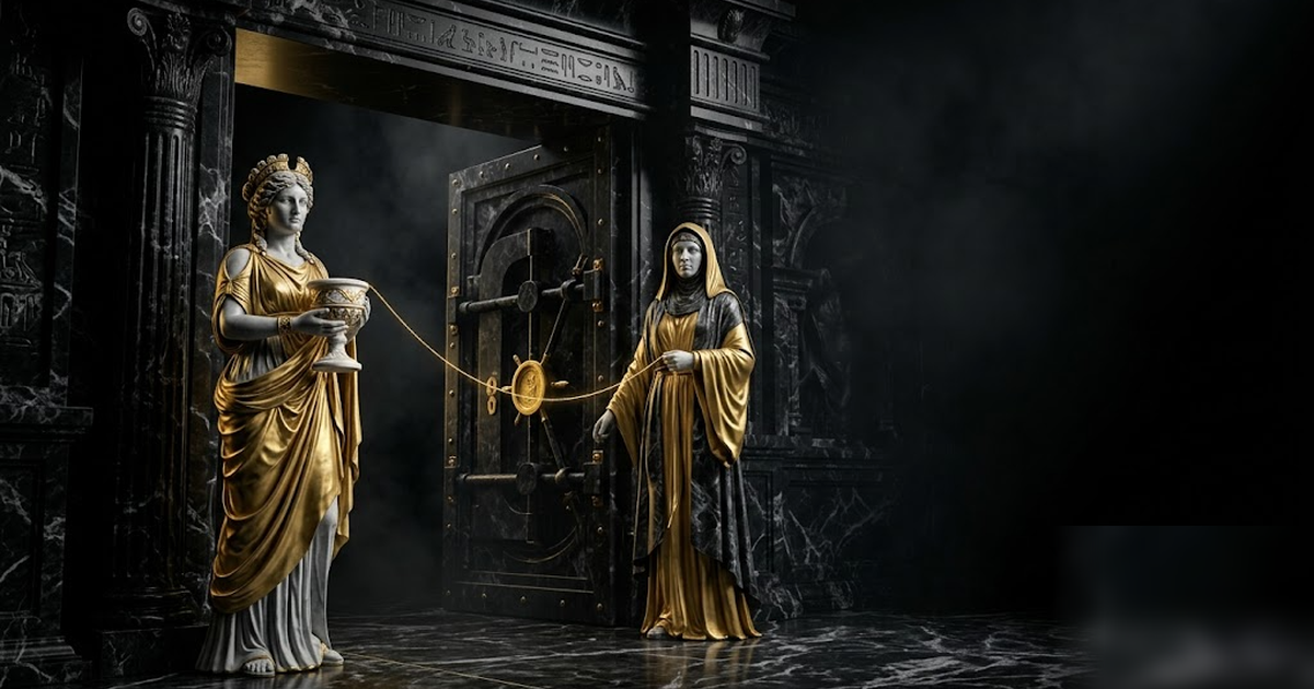 The goddess of healing and the keeper of knowledge standing together at a black marble threshold, a golden thread linking a chalice to a sealed archive, void-black and satin gold, cinematic, no text, 