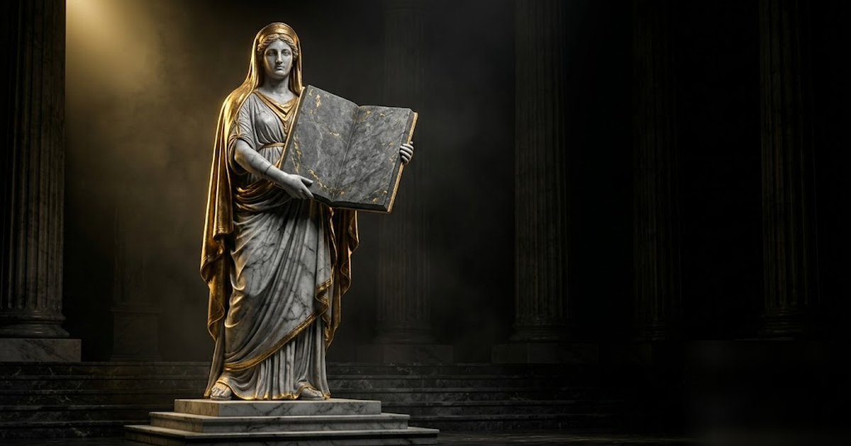 Cinematic Greek pantheon scene, the goddess Nomos as the spirit of law rendered in void-black and satin-gold marble, holding open a great stone tablet of statutes, dramatic chiaroscuro light, no text,