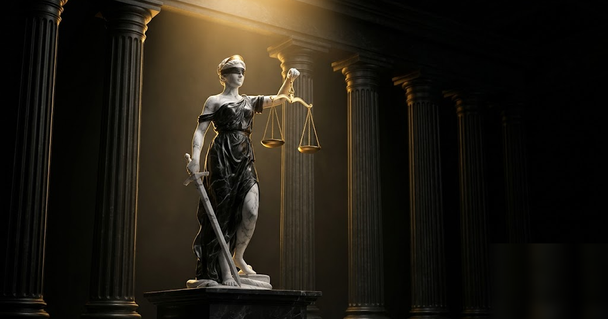 Themis blindfolded in black marble with satin-gold scales perfectly balanced, standing before towering void-black columns, golden light from above, mythic atmosphere, no text, no people, no charts, fr