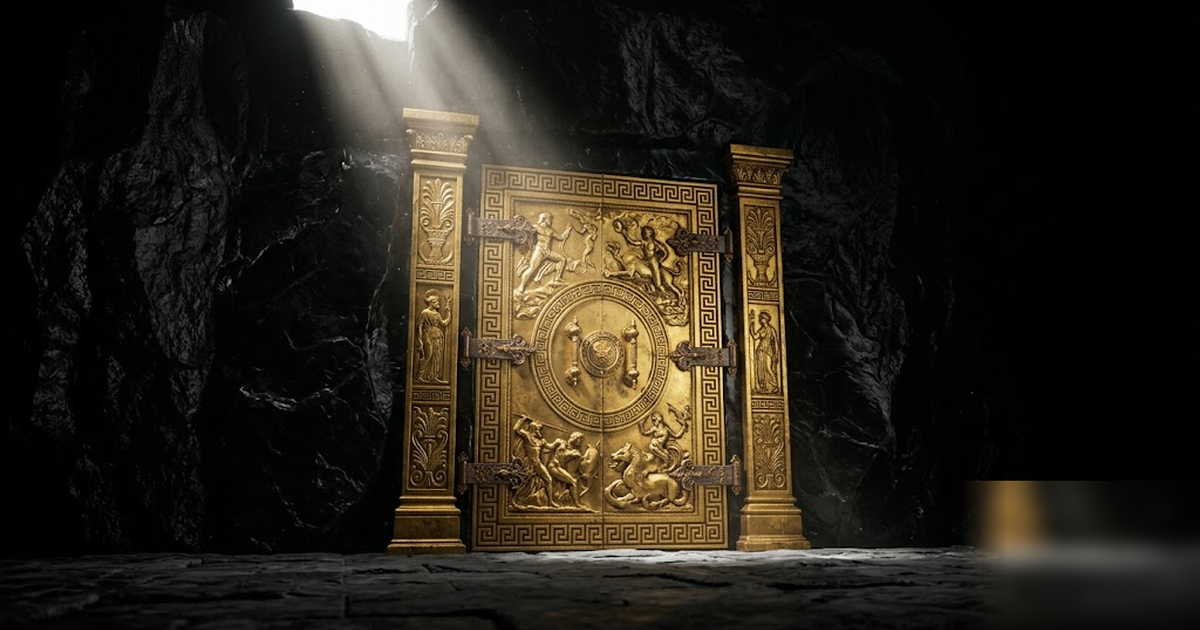 A sealed golden archive door set into an obsidian wall, Greek key border in satin gold, a beam of light marking it as inviolable, cinematic depth, no text, no people, no UI, frameless, no watermark