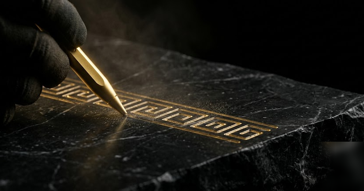 A golden stylus inscribing a flowing line of Greek meander pattern into a black marble tablet, macro cinematic lighting, void-black background, suggesting a signed audit record, no text, no UI, framel