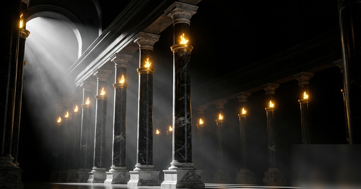 A vast pantheon hall of black marble columns, each topped with a small satin-gold flame representing a regulatory framework, dramatic god-rays, no text, no people in offices, no charts, frameless, no 