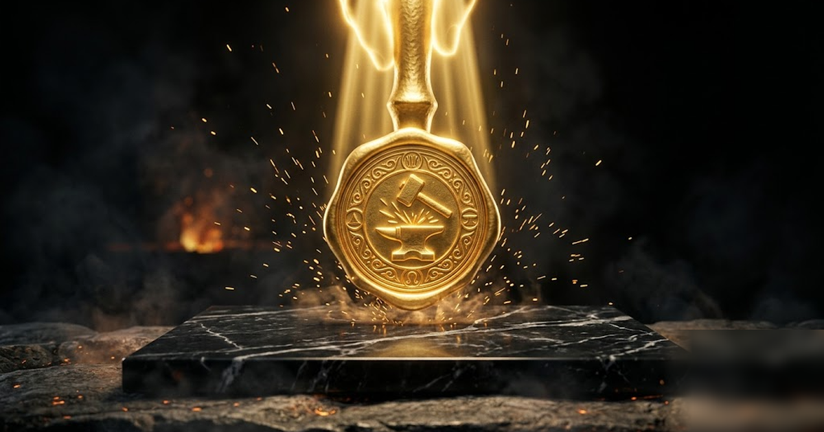 Hephaestus-forged golden seal being lowered onto a black marble document by unseen hands of light, sparks of gold, cinematic forge atmosphere, void-black background, no text, no UI, frameless, no wate